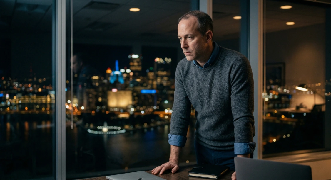 Professional adult in a Pittsburgh office showing the hidden weight of depression and low mood.