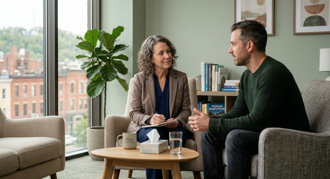 Adult beginning depression therapy in a calm counseling office in Pittsburgh.