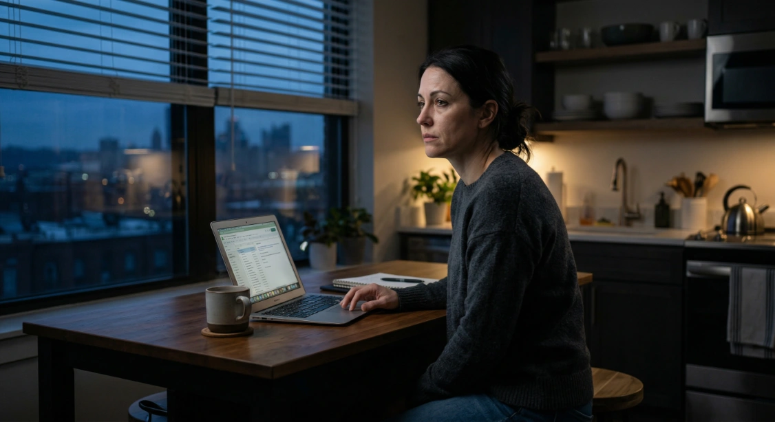 Overwhelmed professional sitting in a Pittsburgh kitchen early in the morning, showing quiet signs of anxiety.