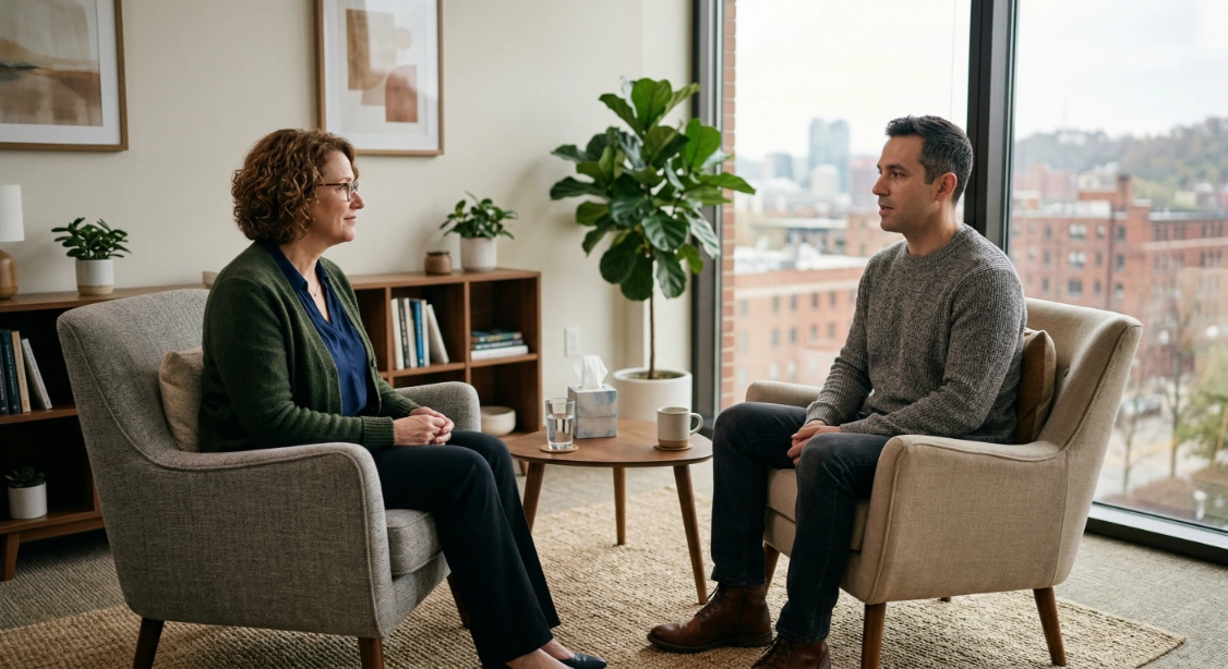 Adult client in a calm counseling office beginning therapy for anxiety.
